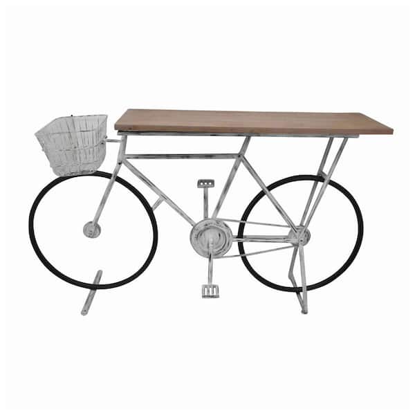 Benjara 64 in. White Rectangle Wood Top Console Table with Bicycle Design Base