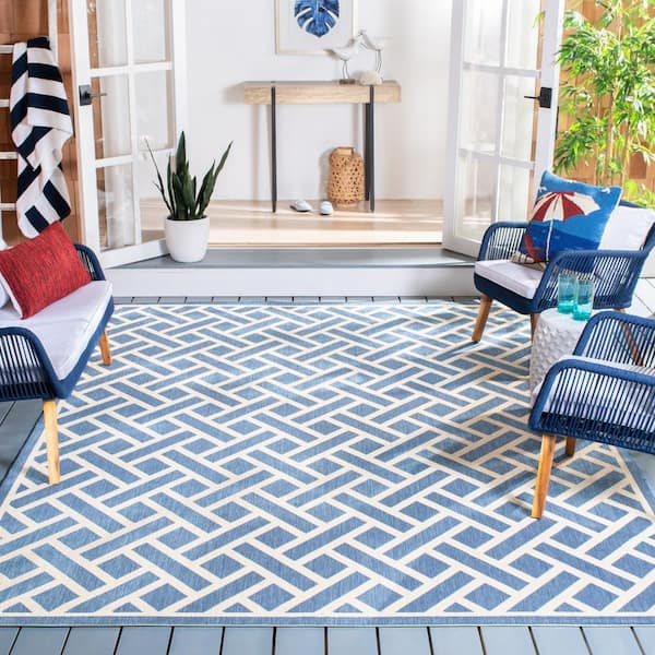 Courtyard Blue/Light Beige 9 ft. x 12 ft. Geometric Lattice Indoor/Outdoor Area Rug