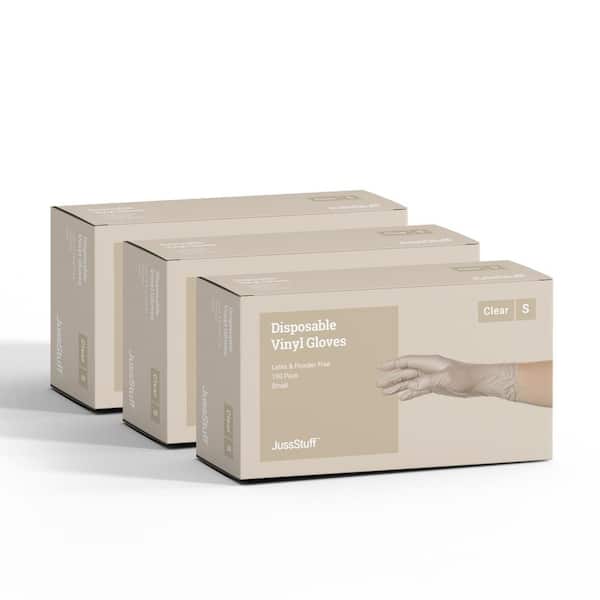 JussStuff Small Vinyl Exam Latex Free and Powder Free Gloves in Clear - 3 Boxes of 100 Gloves (300 Total)