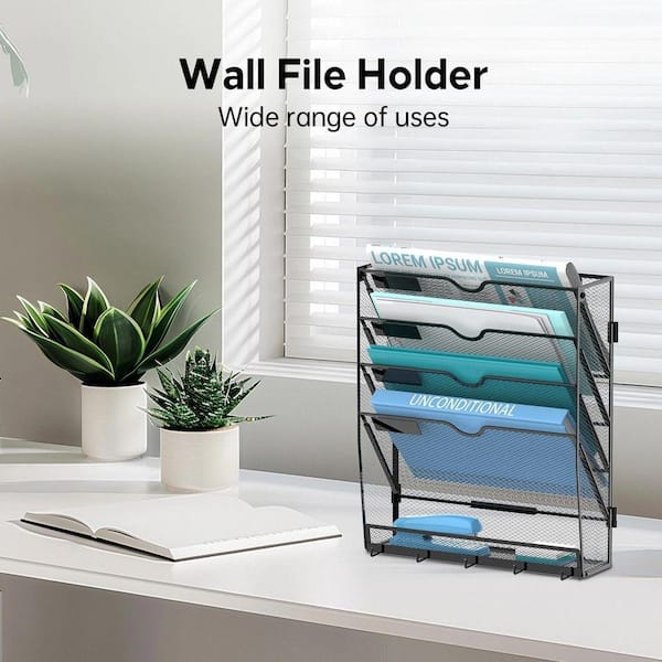 5 Tier Metal Wall File Organizer with 5 Hooks, Black Mail Holder