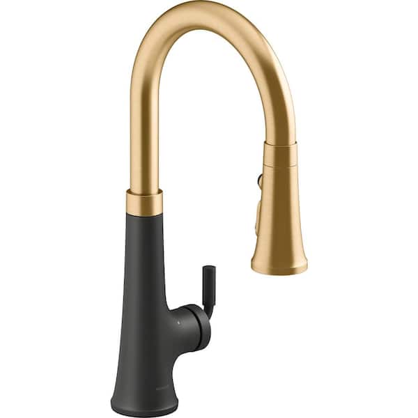 KOHLER Tone Single Handle Touchless Pull Down Sprayer Kitchen Faucet in Matte Black with Moderne Brass