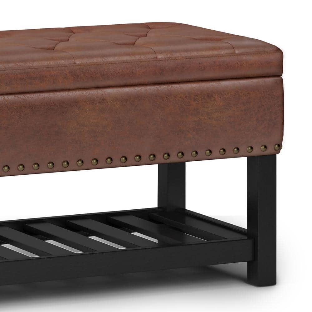 Distressed Saddle Brown Tufted Faux Leather Storage Bench