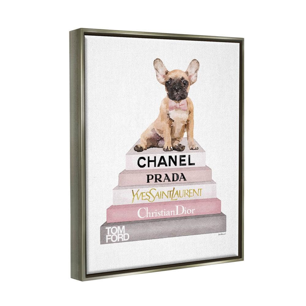Gray Framed Canvas Wall Art with French Bulldog and Fashion Books, 17 x 21