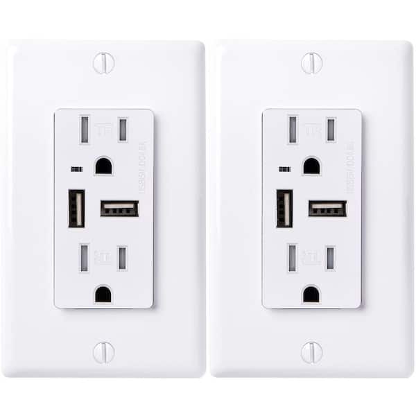 15 Amp Decorator Tamper-Resistant Duplex Receptacle and 4.6 Amp USB Outlet, Wall Plate Included, White (2-Pack)