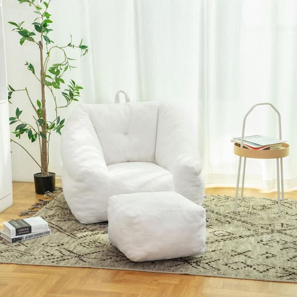 CSC DECOR INC Tufted Bean Bag Chair with 1 Ottoman and Soft Memory Foam, Fluffy and Lazy Sofa, Comfy Cozy Bean Bag Sofa in White