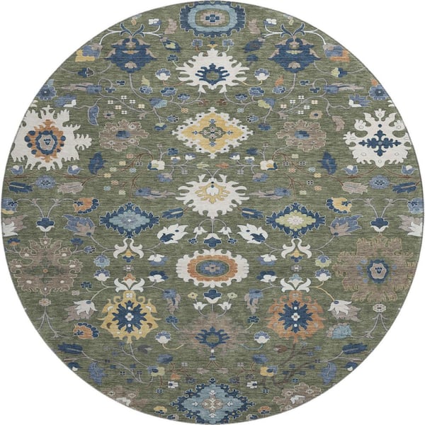 Mayfield Premium Machine Washable Abstract AMF2458 Olive 8 ft. x 8 ft. Round Rug