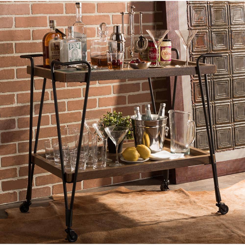 Rustic Industrial Black & Brown Mobile Serving Bar Cart with Wine Rack