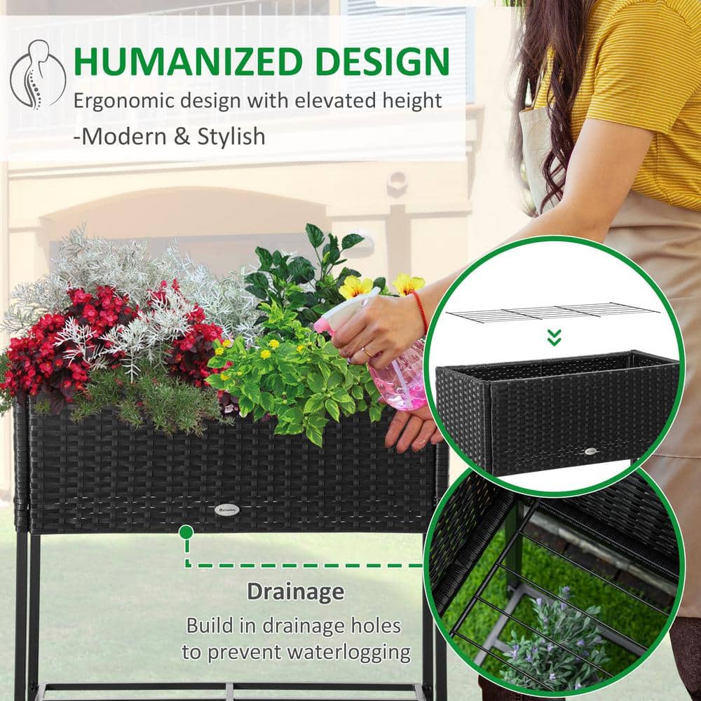Black Rectangular Rattan Wicker Elevated Garden Bed with Tool Shelf