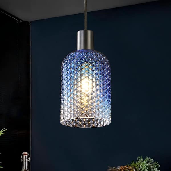 Eleanore 1-Light Modern Black Cylinder Gradient Blue Glass Pendant Light for Kitchen Island/Dining Room