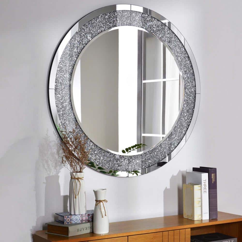 Silver 31.5 in. W x 31.5 in. H Round Decorative Wall Mirror Modern Art Crus