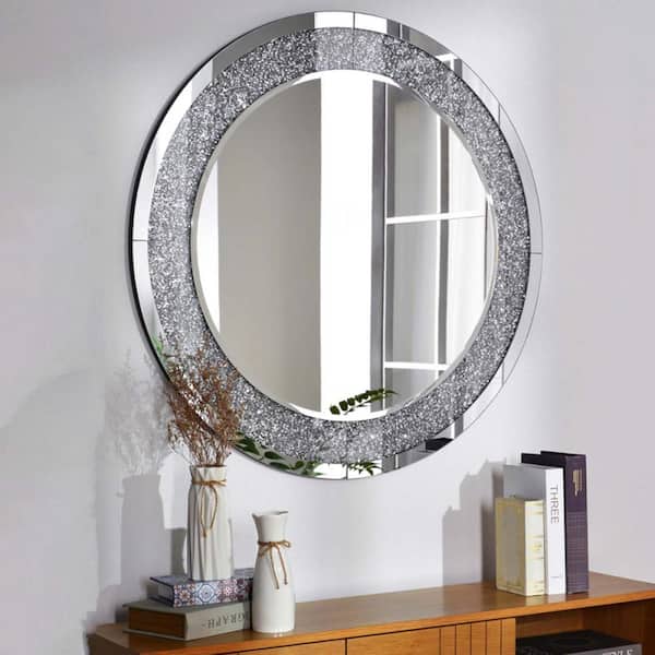 Unbranded Silver 31.5 in. W x 31.5 in. H Round Decorative Wall Mirror Modern Art Crushed Diamond Wall Mirror for Home Decor