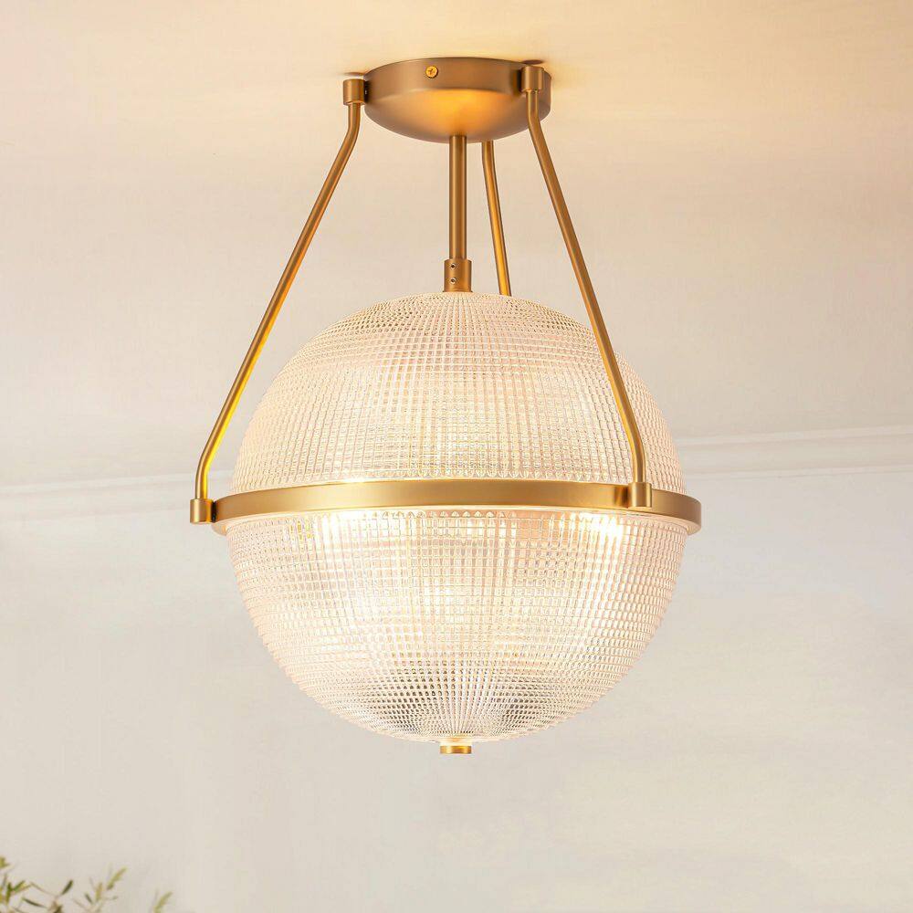 Apsel 3-Light 13.7 in. Gold Modern Grid Textured Glass Globe Semi-Flush Mount Light for Dining Room price history on PriceWatchPro