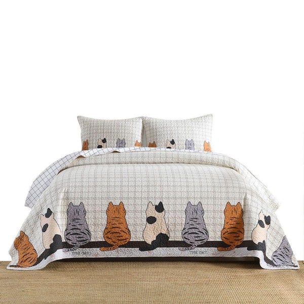 BY211 3-Pieces Elegant Cat Silhouette Checkered King Polyester Quilt Bedspread Set