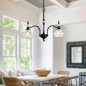 Modern 3-Light Chandelier Black Kitchen Island Pendant Light Fixture with Crystal Glass Shade for Island Living Room