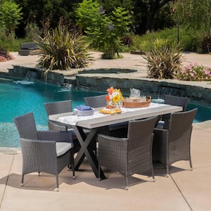 Black 7-Piece Faux Rattan Rectangular Outdoor Dining Set with Silver Cushion