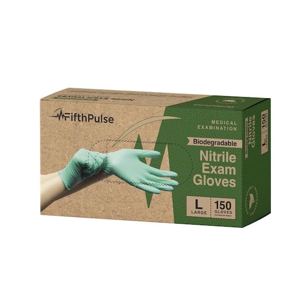 FifthPulse Large - Biodegradable Nitrile Gloves, Medical Exam, Latex Free and Powder Free in Green - (150-Count)