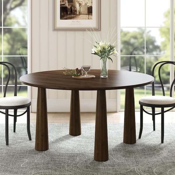 Lirago Round Walnut Solid Wood 52 in. Kitchen Tables 4-Legs Dining Table Seats 6