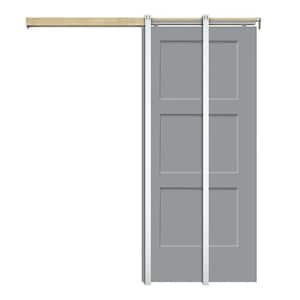30 in. x 80 in. Light Gray Painted Composite MDF 3PANEL Equal Style Sliding Door with Pocket Door Frame and Hardware Kit