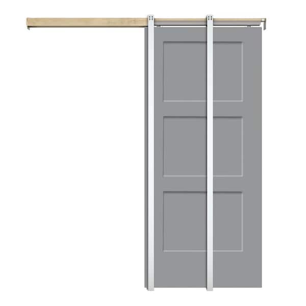 CALHOME 30 in. x 80 in. Light Gray Painted Composite MDF 3PANEL Equal Style Sliding Door with Pocket Door Frame and Hardware Kit