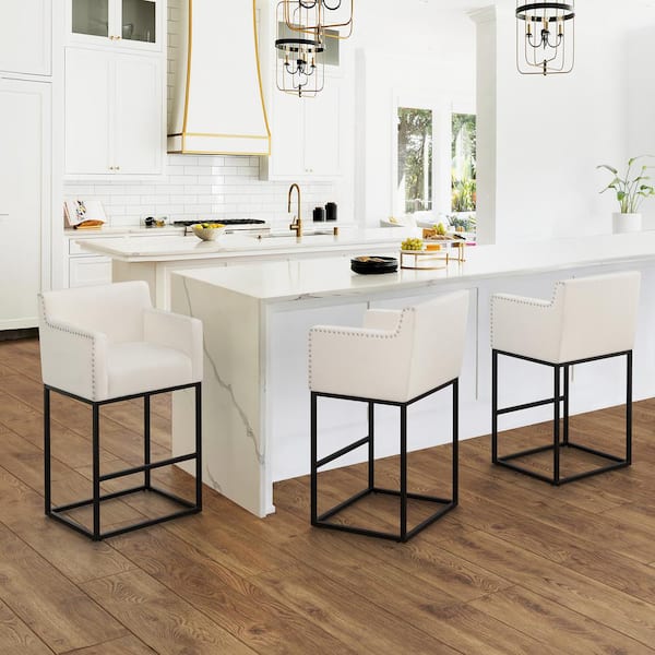 LUE BONA Luna 30 in. Beige Fabric Upholstered Counter Bar Stool with Black Metal Frame Square Counter Stool Set of 3