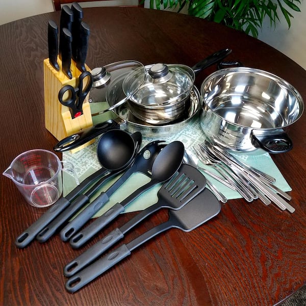 Gibson Home Total Kitchen Lybra 32-Piece Stainless Steel Cookware Set, Silver