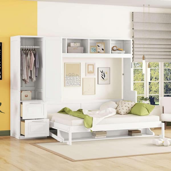 White Wood Frame Queen Size Murphy Bed with Closet and Drawers