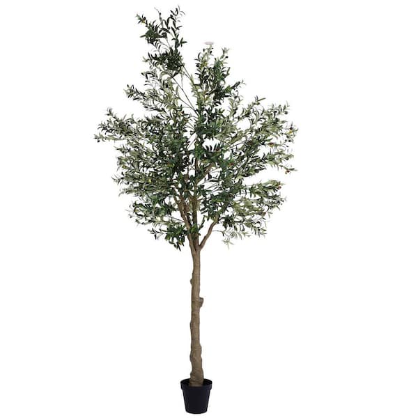 10 ft. Artificial Olive Tree with Realistic Trunk, Faux Leaves and Fruits, White Planter for Indoor Decor