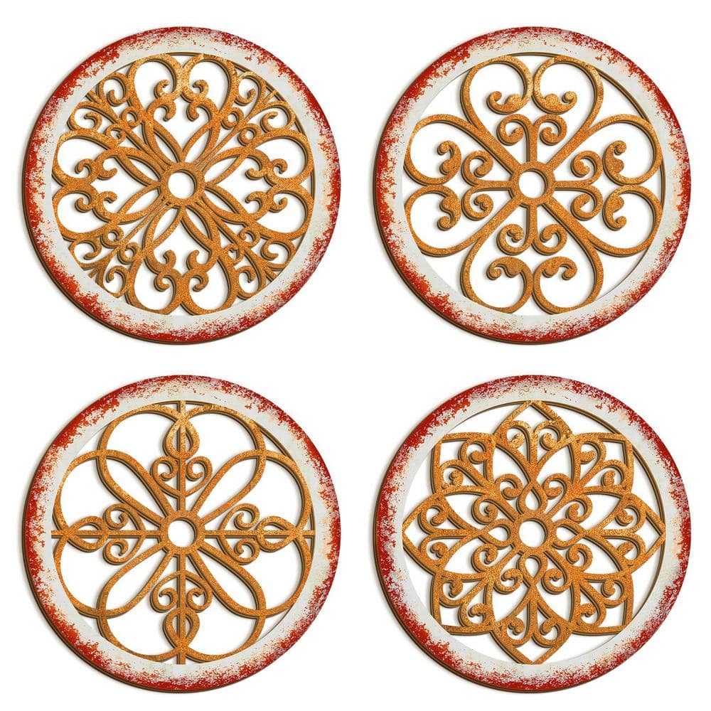 16 in. x 16 in. Red Wooden Hollow Carved Wall Art ​4-Piece