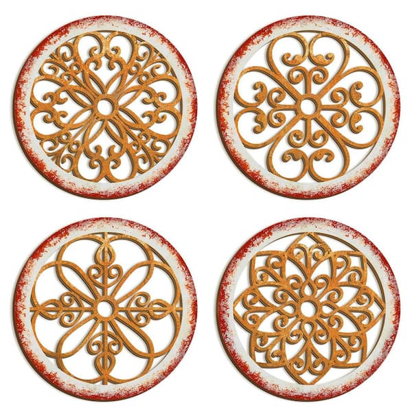 Unbranded 16 in. x 16 in. Red Wooden Hollow Carved Wall Art ​4-Piece