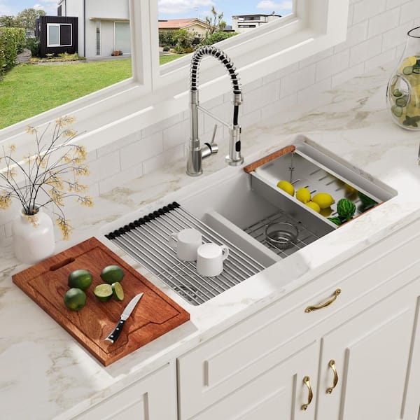 33 in. White Undermount Workstation Sink Low Divide Double Bowl 50/50 Quartz Composite Kitchen Sink with Accessories