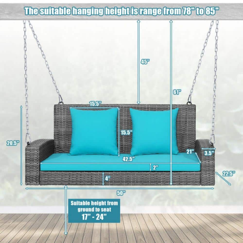 Turquoise Cushioned 2-Person Gray Wicker Patio Porch Swing