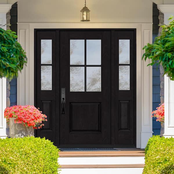 Regency 68 in. x 80 in. 1/2-4Lite Clear Glass RH Onyx Stain Mahogany Fiberglass Prehung Front Door w/Dbl 14in.SL