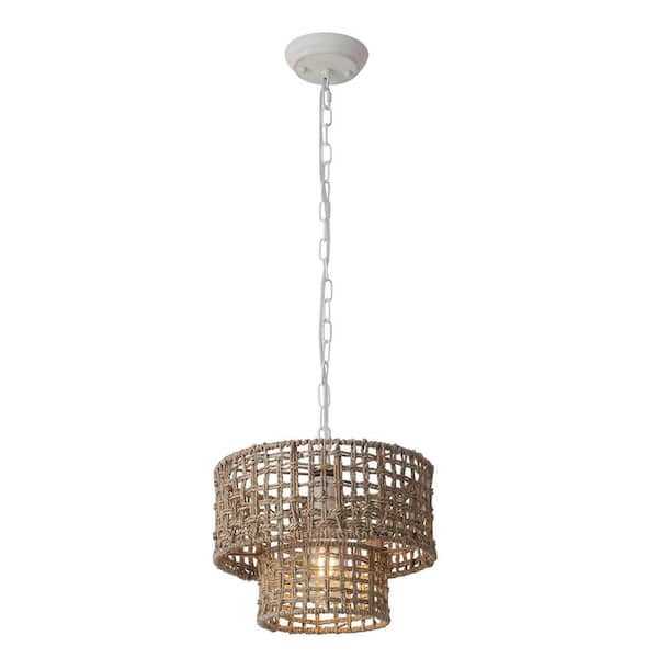 1-Light Drum White Hanging Ceiling Pendant Light Linear Chandelier with Rattan Shaded for Kitchen Island