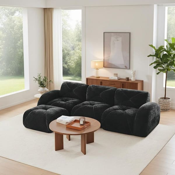 SAND 110.6 in. Oversize L-Shape Modular Velvet 3-Seat Sectional Sofa Set in, Charcoal Black, Comfort Design, No Assembly