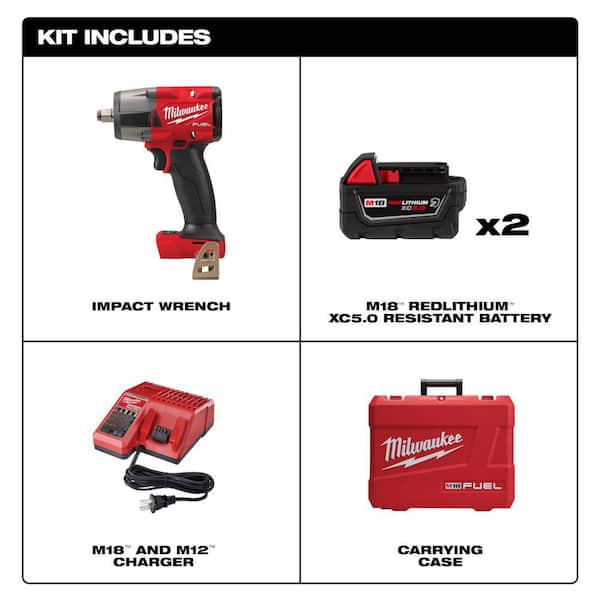 M18 FUEL 18V Lithium-Ion Brushless Cordless 1/2 in. Mid-Torque Impact Wrench with Friction Ring Kit, Resistant Batteries