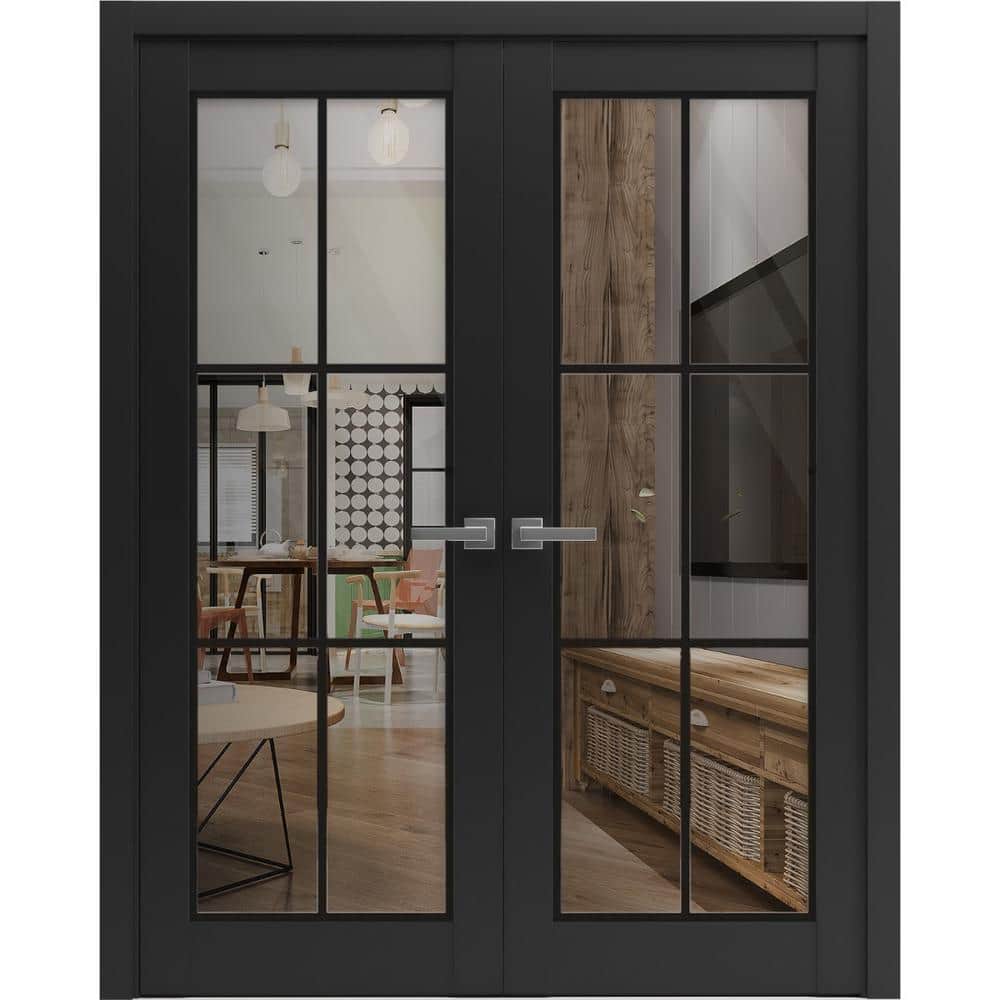 56 in. x 84 in. Black Matte Finished Universal/Reversible Clear Glass Solid Wood Assembly Required Interior Door Kit price history on PriceWatchPro
