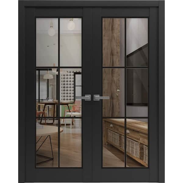 64 in. x 96 in. Black Matte Finished Universal/Reversible Clear Glass Solid Wood Assembly Required Interior Door Kit