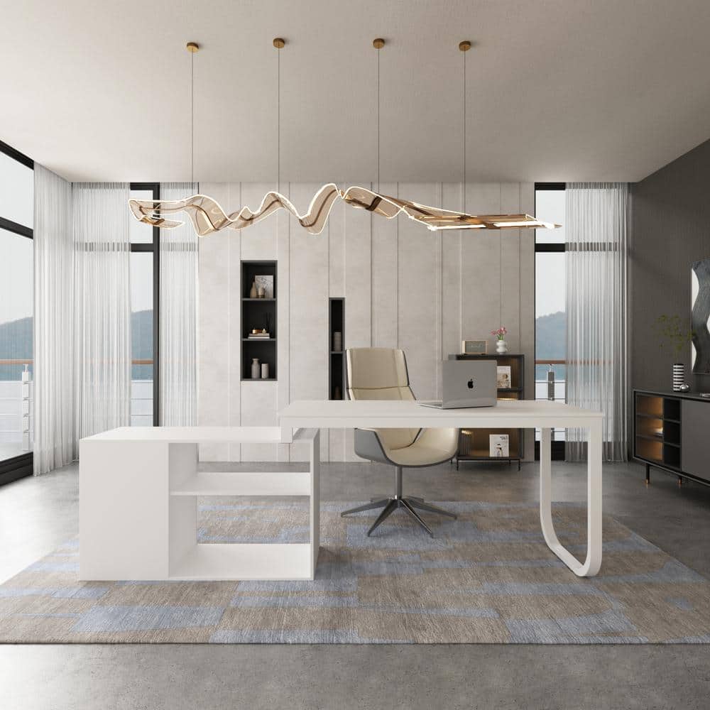 FUFU&GAGA 55.1 in. L-Shaped White Wood Computer Desk Writing Desk