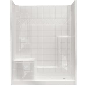 Basic 60 in. x 33 in. x 77 in. AcrylX 3-Piece Shower Kit with Shower Wall and Shower Pan in White, LHS Seat, Right Drain