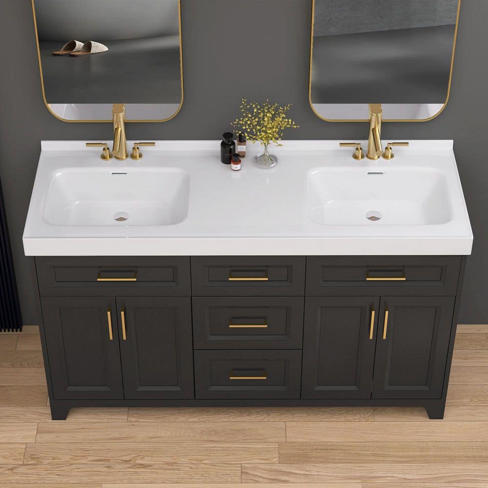 Zeafive 61 in. W x 22 in. D Solid Surface White Rectangular Double