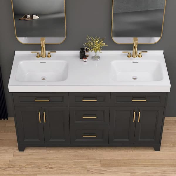 61 in. W x 22 in. D Solid Surface White Rectangular Double Sinks Vanity Top with Backsplash Bathroom Countertop in White
