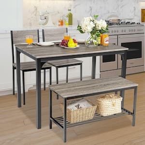 4-Pieces Rustic Dining Table Set with 2 Chairs and Bench-Gray