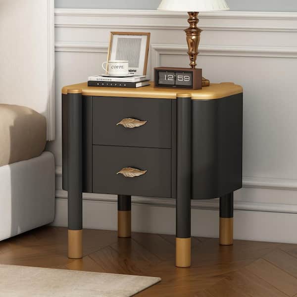 Attoe Black and Antique Bronze 2 Drawers Wooden Nightstand with Metal Feather-Shaped Handles, High Legs