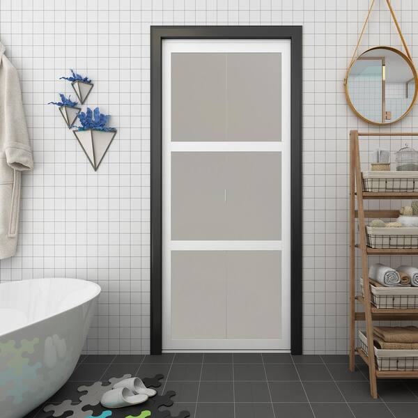Colonial Elegance 36 in. x 80.5 in.White 3-Lite Indoor Studio 3 MDF Wood Frame with Frosted Glass Closet Interior Bi-Fold Door