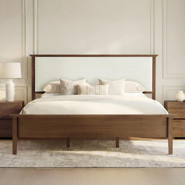 Daphne Brown Solid Rubber Wood Frame King Platform Bed with Boucle Upholstered Headboard and Underbed Storage