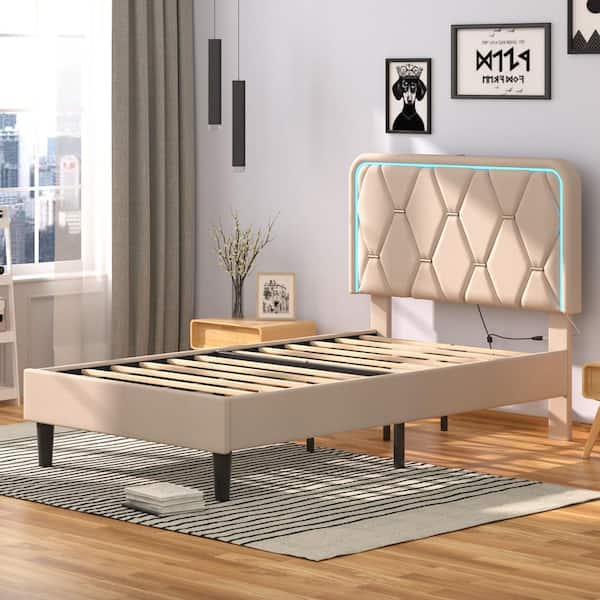Upholstered Bed Twin Smart LED Bed Frame with Adjustable Beige Headboard, Platform Bed with Solid Wood Slats Support
