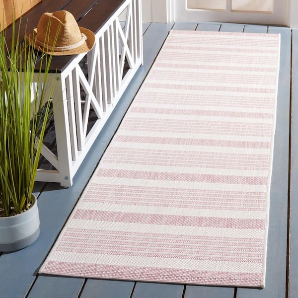 Courtyard Ivory/Soft Pink 2 ft. x 8 ft. Geometric Striped Indoor/Outdoor Runner Rug