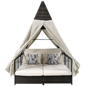 Black Wicker Outdoor Day Bed with Beige Cushions