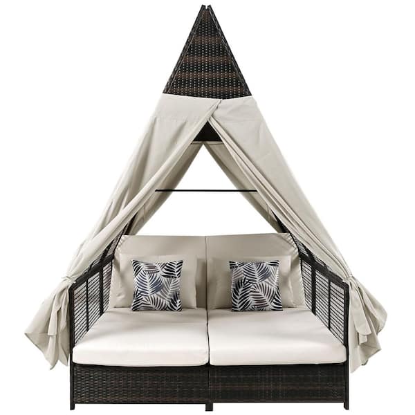 JimsMaison Black Wicker Outdoor Day Bed with Beige Cushions