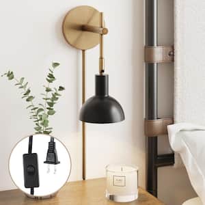 Tamlin 5 in. W Wall Mounted 1-Light Lamp Light Fixture, Plugin Wall Sconce with On/Off Switch, Vintage Brass/Matte Black